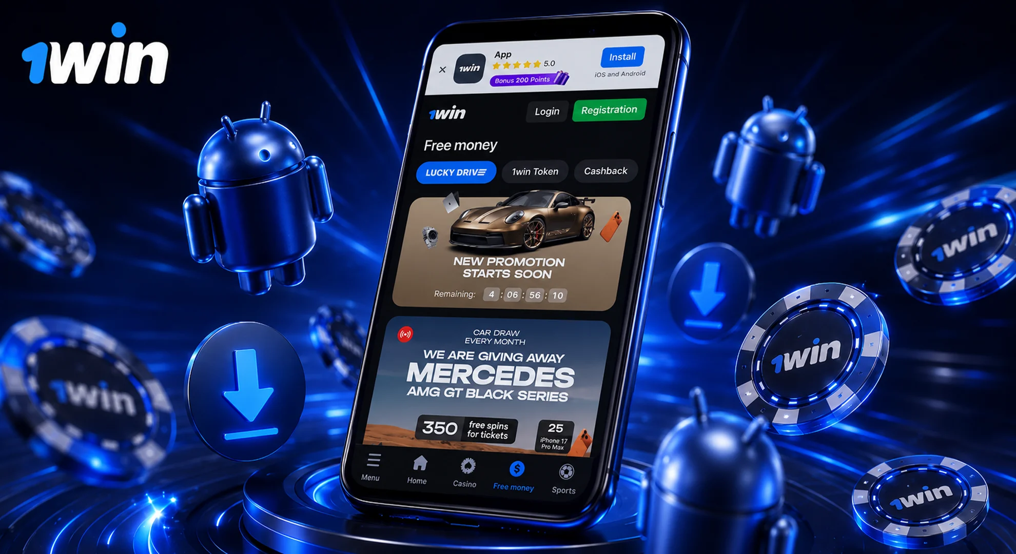 Step by step interface to download official 1win APK for Android
