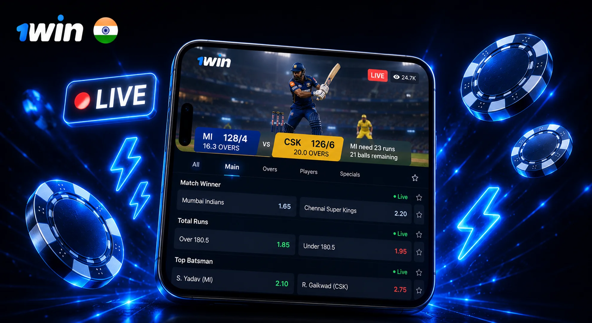 Live streaming and real-time odds for IPL cricket betting on 1win