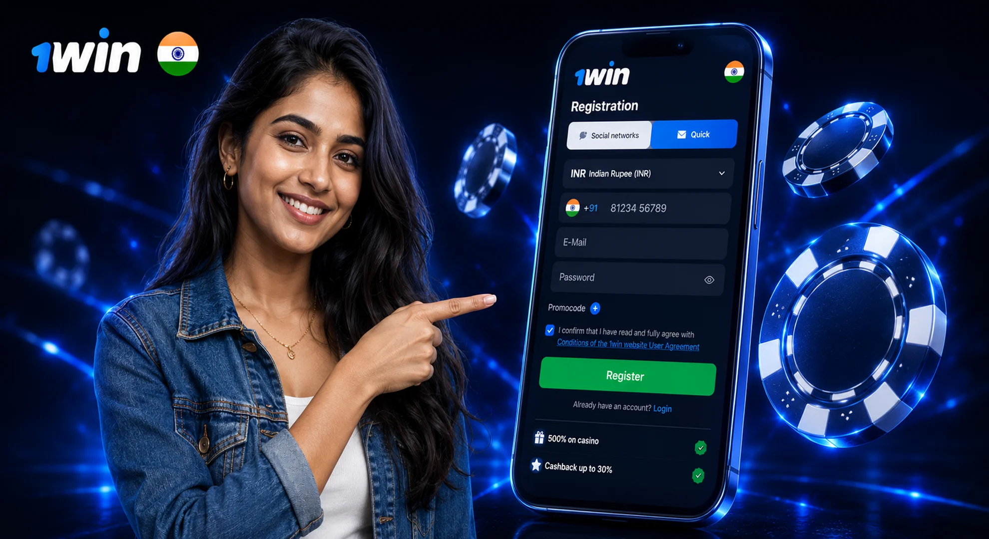 Official 1win India registration form to create a new casino account